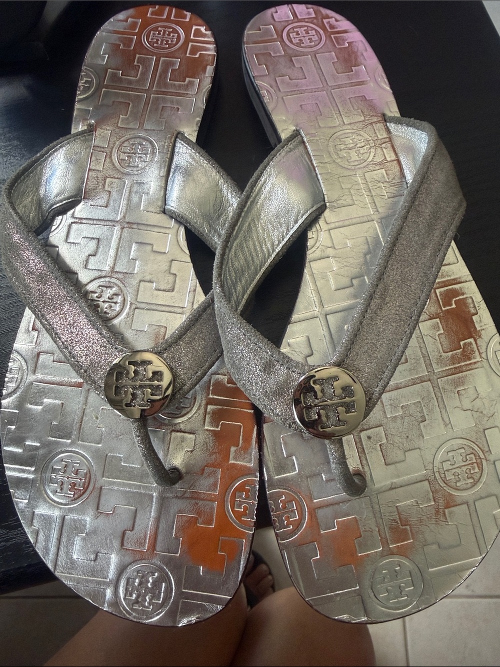 Tory Burch Silver Metallic Logo Thong Sandals